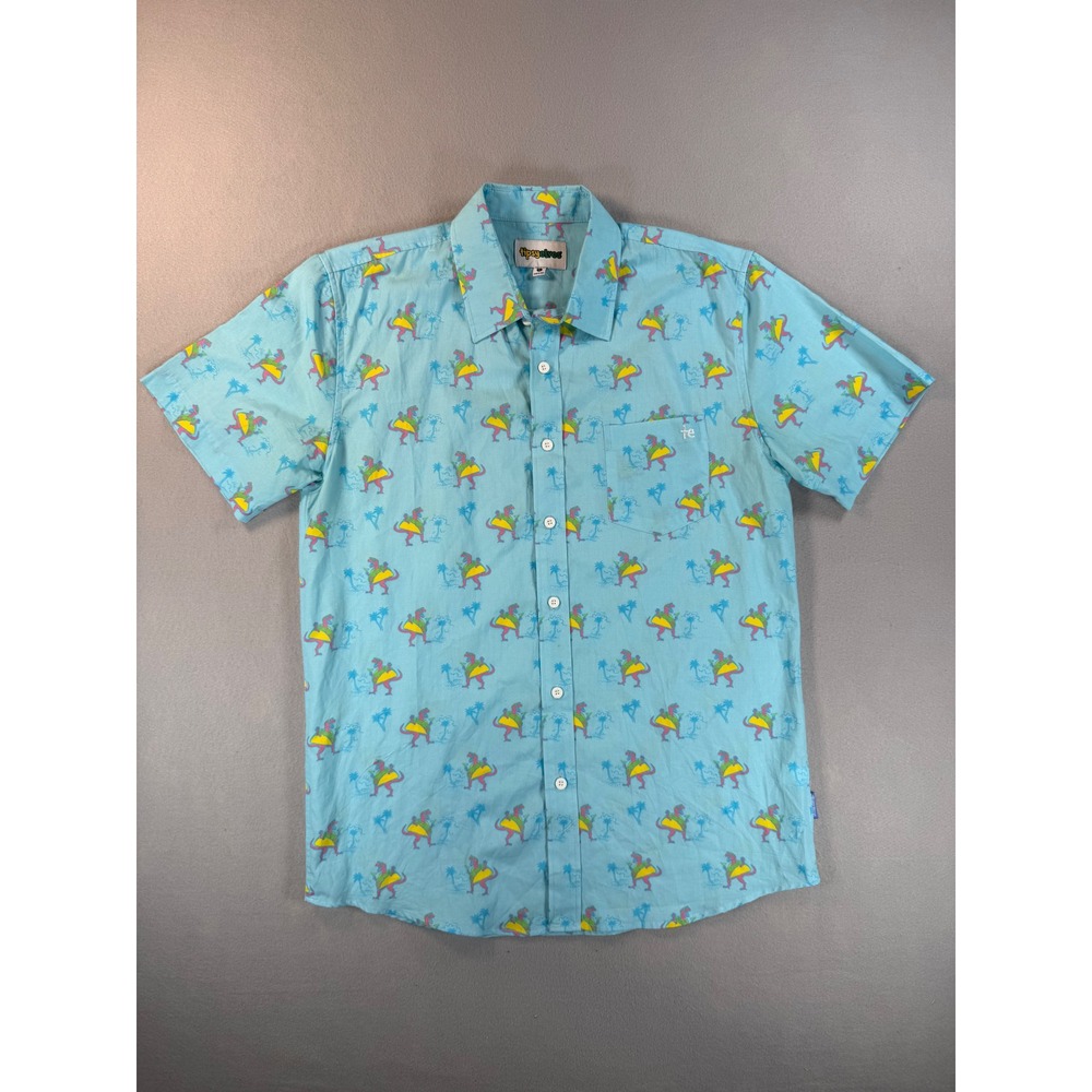 Tipsy Elves Mens Large Blue Taco Dinosaur Print Short Sleeve Button Down Shirt